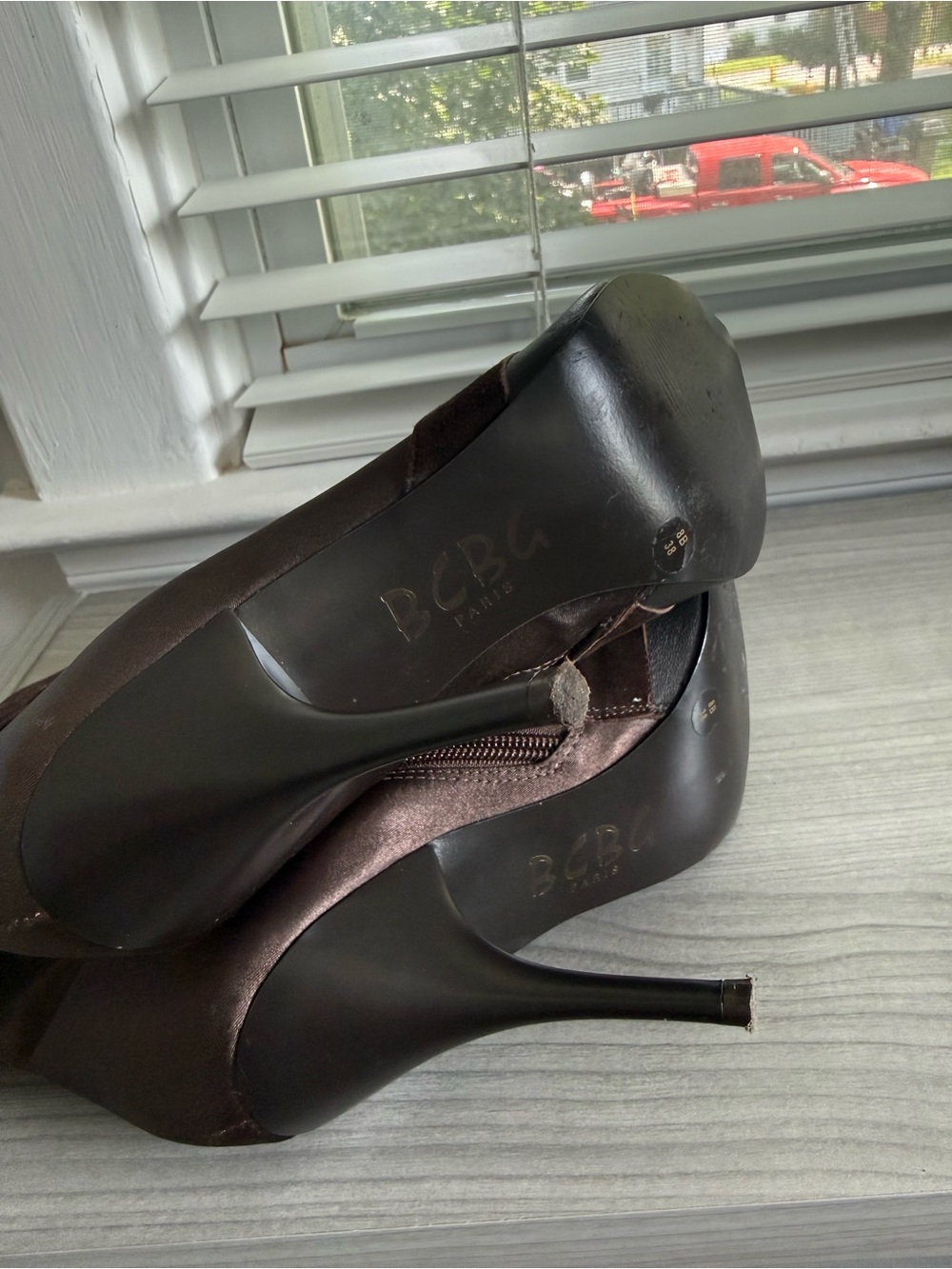 BCBG Satin Brown and Black Pointed-Toe Ankle Booties - Picture 4 of 7